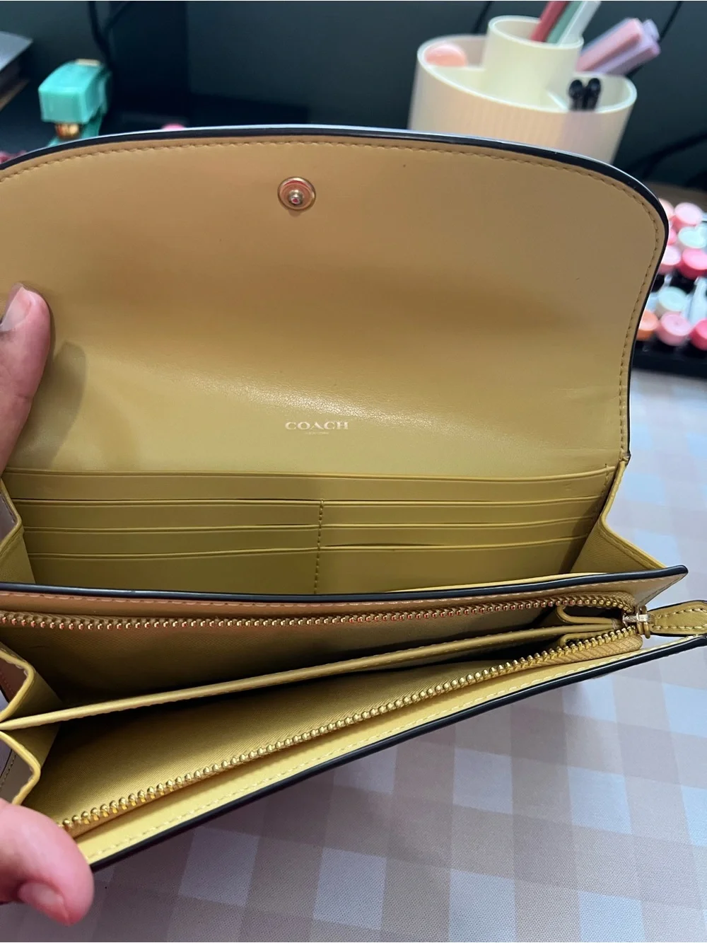 Coach Brown Signature Canvas Wallet with Yellow Leather Flap